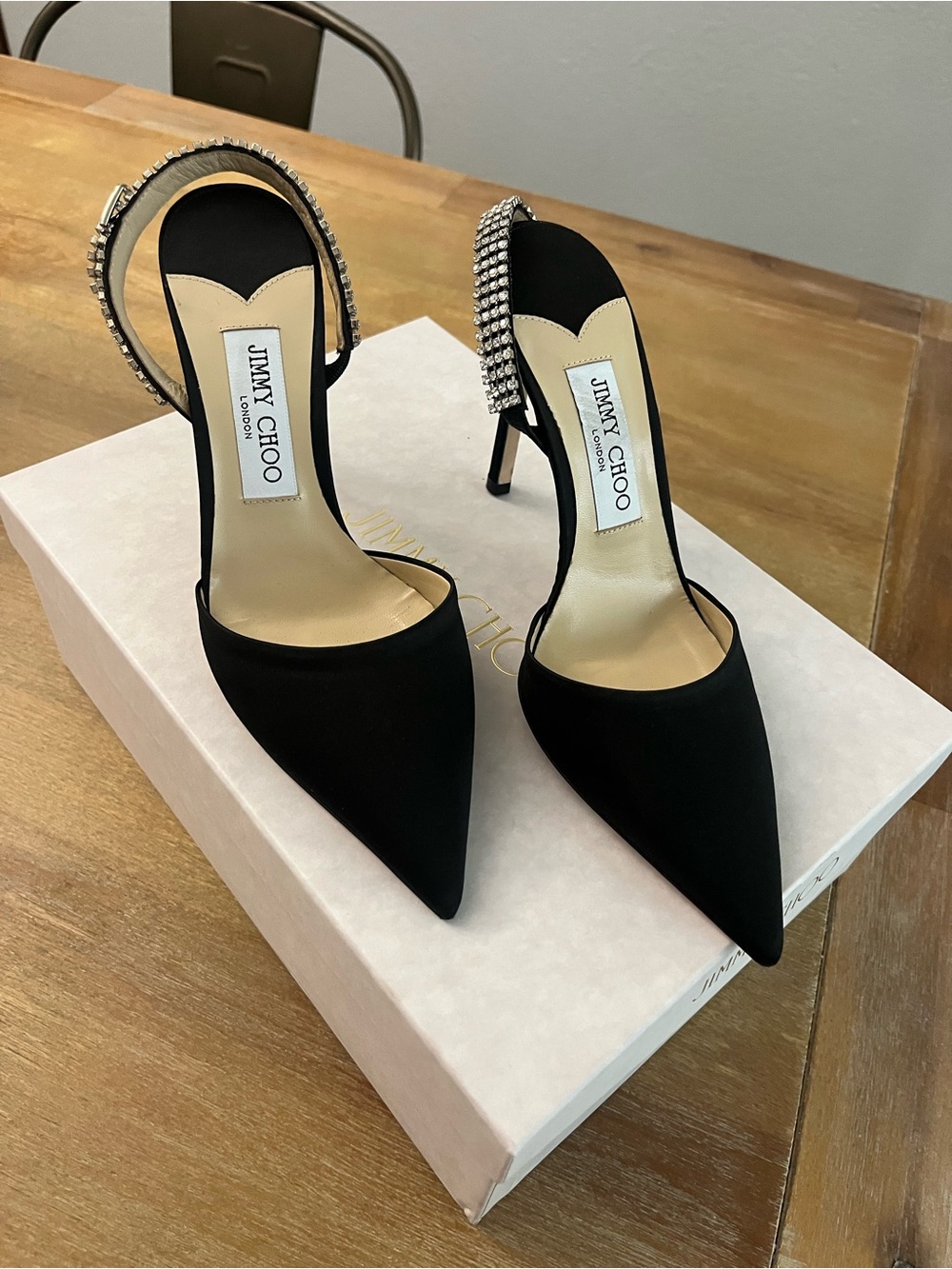 Jimmy Choo Black Pointed Crystal-Embellished Slingback Heels